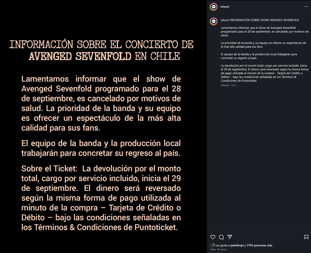 Cancelacion Avenged Sevenfold