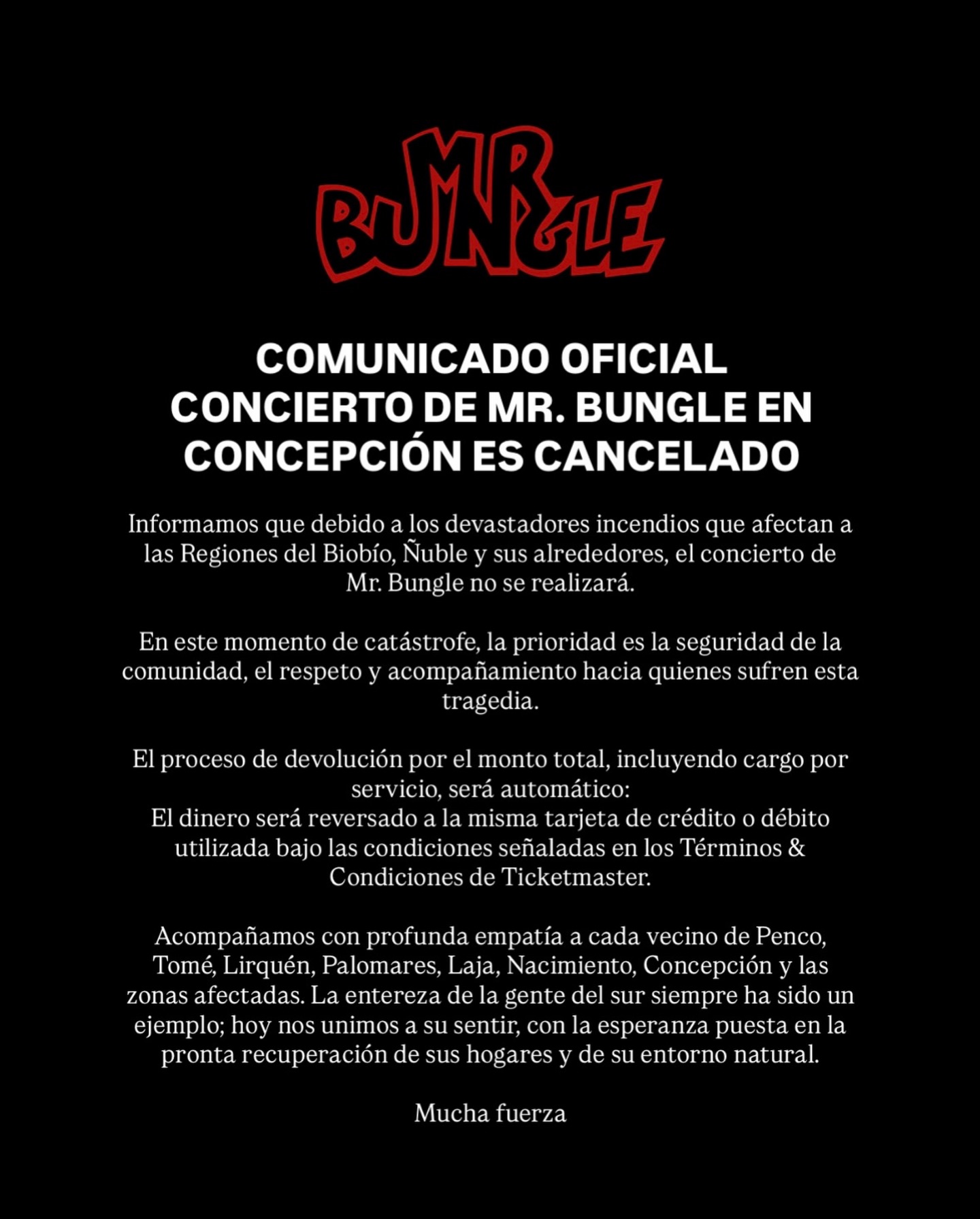 Comunicado Mr Bungle show cancelado en Concepcion
