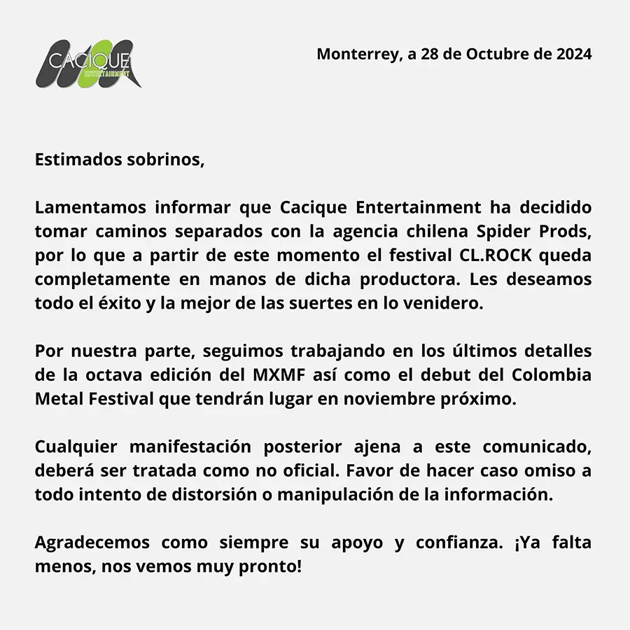 CL.Rock Cancelado Comunicado Cacique Entertainment